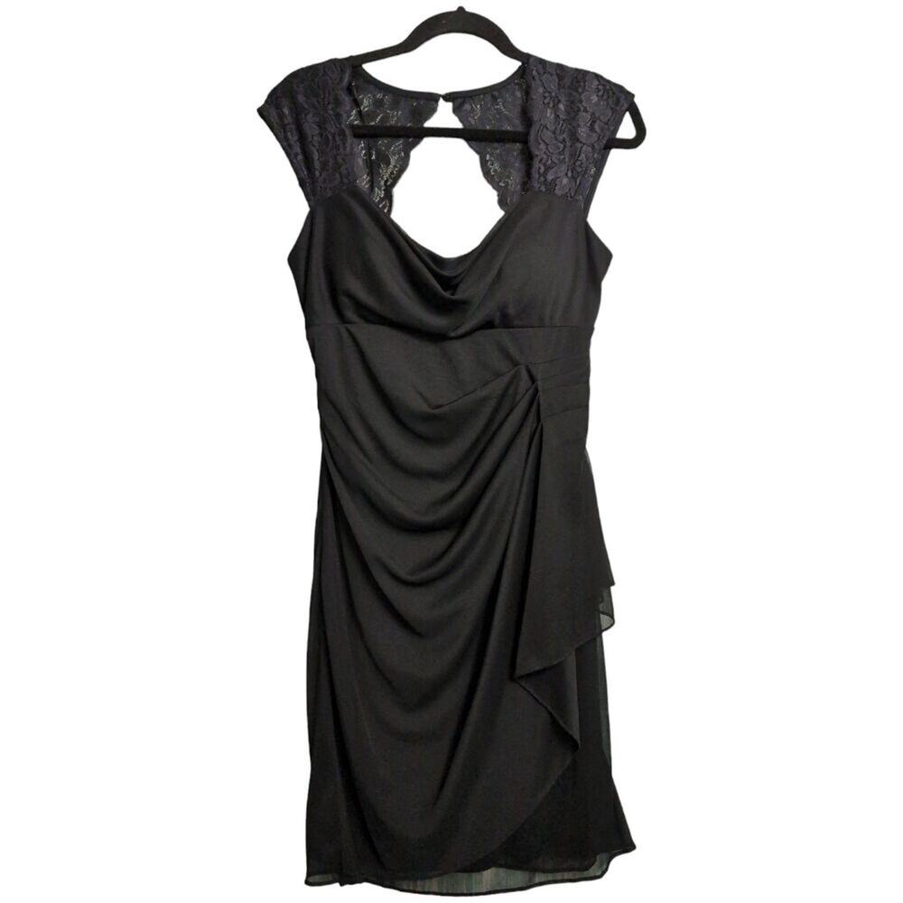 Jackie Jon Black Lace Cap Sleeve Draped Front Keyhole Back Cocktail Dress Size 6